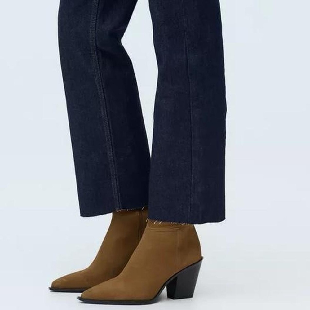 NWT Zara Suede Leather Stacked Heel Pointed Toe Western Boots in Camel Tan - 10 - Picture 2 of 8